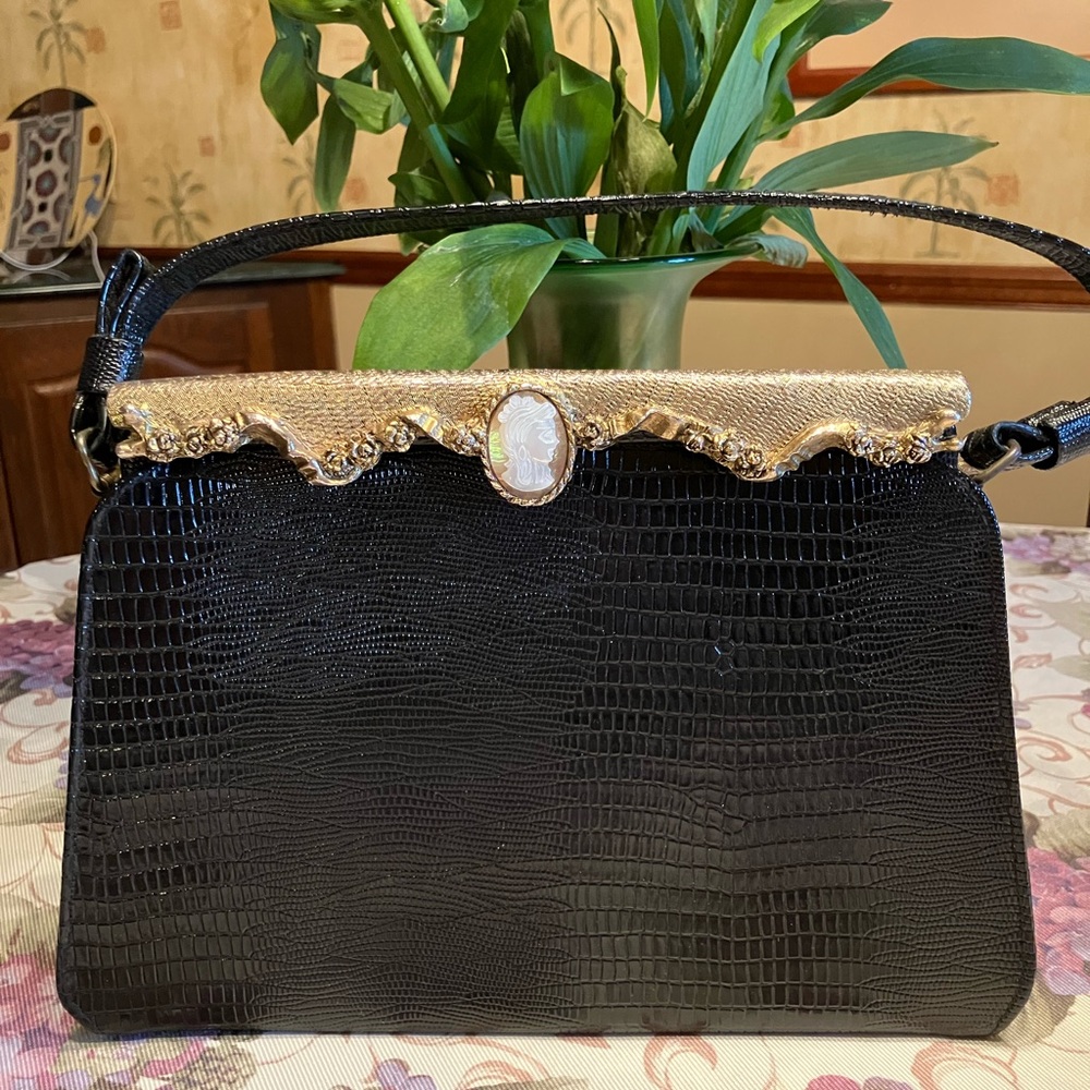 After Six Black and Gold Textured Shoulder Evening Purse